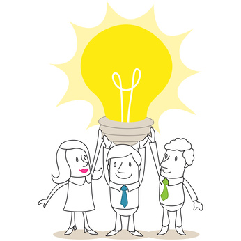 Geschäftsleute, Idee, Brainstorming, Glühbirne, Teamwork